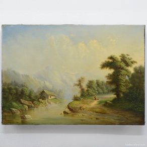 Arte: 1880 Original Romantic Pastoral Oil Painting Alpine River with Watermill Signed